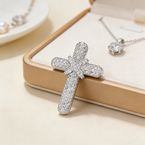 CUSTOM SILVER 14K GOLD PLATED VS LAB GROWN CVD DIAMOND CLASSIC ENGAGEMENT GIFT LUXURY SWEATER <b>CHAIN</b> NECKLACE <b>CROSS</b> PENDANT - Product Image 2