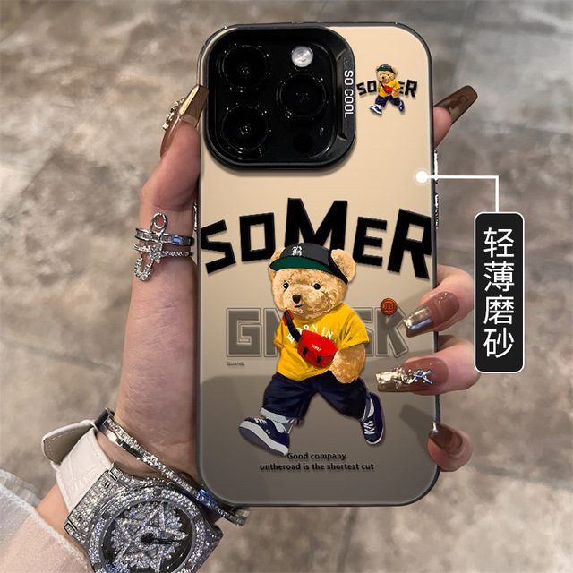 Cartoon Trendy Bear Iphone15Promax Case for 16Pro Personalized Frosted Double Layer Color TPU Material New Silver Model for XR