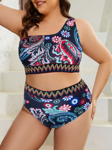 Bikini Sexy de talla grande con estampado de un hombro y cintura alta, Bikini de dos piezas, traje de baño para mujer, traje de baño con cubierta, Bikinis de pecho grande para mujer - Product Image 4