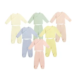 2023 nuovo design foot-coated infant set manica lunga in fibra di bambù neonato morbido pigiama tinta unita neonata ragazzo pantaloni abbigliamento