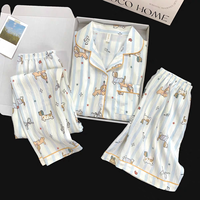 Pyjama en coton nuage pour femmes, 3 pièces, doux et confortable, haut à col dessin animé mignon + short + pantalon long, vêtements de nuit