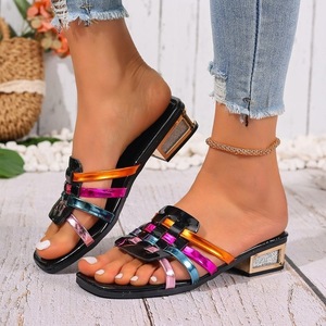 <b>Glitter</b> Metallic Colorful Woven Block Heel Mules Square Toe Slip‑On Women Summer Slide Sandals - Product Image 6