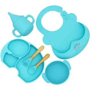 Wholesale BPA Free Food Grade Silicone Baby Plate Tableware Suction Bowl Cups Bibs Spoon Forks Baby Feeding Supplies Sets