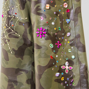 Custom High Quality Knee Length Baggy <b>3</b>/<b>4</b> Leather <b>Shorts</b> Crystal Logo Oversized Elastic Waistband Camouflage Pu Leather <b>Shorts</b> - Product Image 3