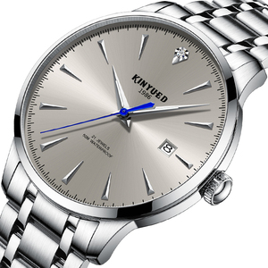 Montres pour hommes de haute qualité en acier inoxydable argenté et or rose avec cadran à rayures solaires littérales de l'usine KINYUED - Product Image 3