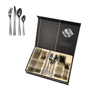 不锈钢cutleri 304黑色24件套豪华餐具金色可重复使用餐具勺子和叉子24件套礼品盒餐具套装