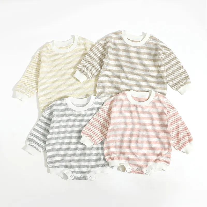 Fast shipping baby wear baby romper stripe bamboo fiber polyester long sleeve Snap Button knitting woolen cloth
