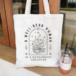 Borse da donna vintage con stampa di fiori e libri "Una donna ben letta è una creatura pericolosa" Borsa tote in tela per amanti dei libri e delle <span class=keywords><strong>donne</strong></span> che amano la lettura - Product Image 2
