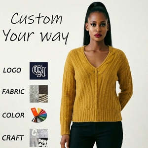 <strong>Women's</strong> Deep V-Neck Knitted Sweater <strong>Mustard</strong> Yellow Mohair-Like Fuzzy Pullover Vertical Seam Slouchy Ribbed <strong>Jumper</strong> - Product Image 1