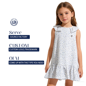 فستان صيفي للبنات الصغيرات بالجملة، فستان قطني بتصميم كلاسيكي بدون أكمام، فستان أطفال لطيف أزرق مزين بالزهور - Product Image 1