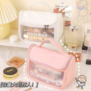 Bolsa de cosméticos transparente de gran capacidad con puntos INS, bolsa de almacenamiento de viaje bonita impermeable de PU, bolsa pequeña portátil - Product Image 3