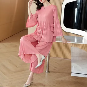 Mùa Thu Mới Cổ Tròn Thanh Lịch Đính Cườm Pleated Lớn Thời Trang Lỏng Lẻo Top Crop Quần Chân Rộng Phù Hợp Với