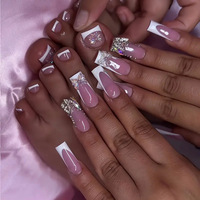 Juego de Uñas Postizas Hechas a Mano con Logotipo Personalizado, Uñas Acrílicas de Punta Francesa de Forma Cuadrada Corta para Mujer