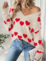 Pull en maille jacquard à motif cœur pour femme, col en V, manches longues, coupe ample, motif cœur ajouré, doux, romantique, décontracté