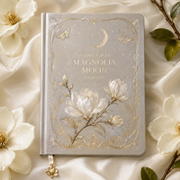 Carnet LABON personnalisé gris perle Magnolia Moon Journal, couverture rigide en cuir avec feuille d'or céleste, esthétique, à grille pointillée, cadeau