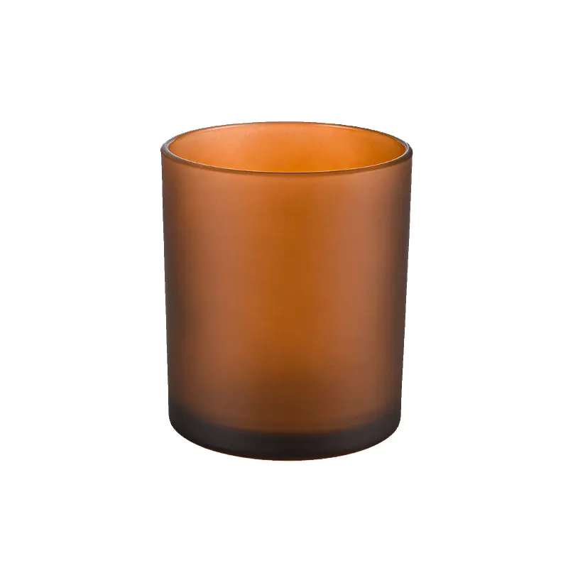 Portavelas de vidrio cilíndrico con base de madera, tarro de vela marrón esmerilado con tapa