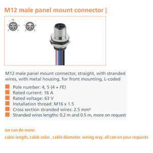 Connecteur M12 pour montage sur panneau : Codage L, Mâle-Femelle, 4 ou 5 pôles, Courant 16A, IP67, Câble PVC <span class=keywords><strong>de</strong></span> 0,5 m (longueur personnalisable) - Product Image 2