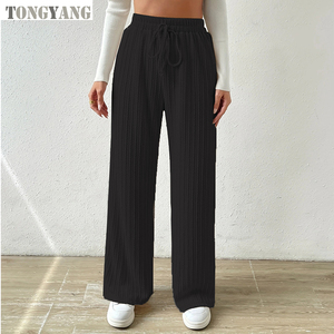 TONGYANG 2024 Hot Selling <strong>Women</strong> Knitted Wide Leg <strong>Trousers</strong> <strong>Elastic</strong> High <strong>Waist</strong> Solid Color Casual Loose Straight <strong>Women</strong> Long Pants - Product Image 2