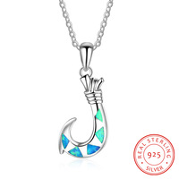 Collier Hawaïen en Argent Sterling 925 Plaqué Rhodium avec Opale Turquoise et Hameçon pour Femme
