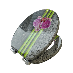 <span class=keywords><strong>Tapa</strong></span> de <span class=keywords><strong>Inodoro</strong></span> con Estampado de Orquídeas de Bambú Negro, Acabado Impermeable, con Bisagras de Cierre Suave de Metal Cromado para Inodoros Estándar - Product Image 1