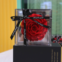 Rose éternelle géante en gros, 1 tête, avec base miroir, boîte carrée en acrylique, arrangement floral au toucher réel, Saint-Valentin, remise des diplômes