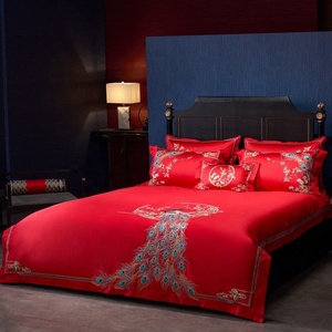 Housse de couette mariée <span class=keywords><strong>rouge</strong></span> romantique haut de gamme coton égyptien broderie housse de couette ensemble de literie de mariage - Product Image 2