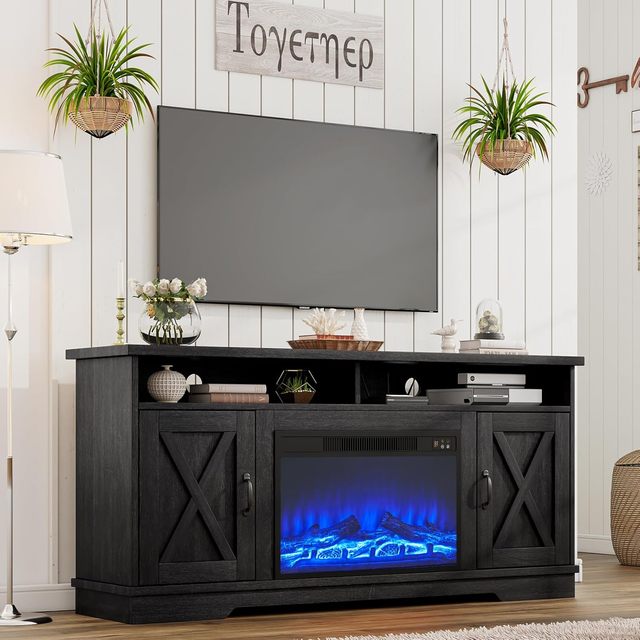 Farmhouse Fireplace TV Stand for 65" TVs 23" Electric Heater with Sound Entertainment Center Barn Door Storage for Living Room