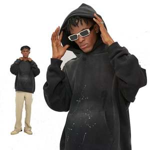 Sudadera con capucha de algodón personalizada sin cordones, con gráfico, de peso pesado, con parches desgastados, estilo vintage, streetwear, lavado ácido y efecto descolorido por el sol. - Product Image 4