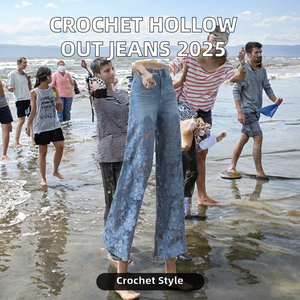 2026 <b>Summer</b> High Street Elegant Y2K Outwear Crochet Hollow Flower Jean <b>Women</b> <b>Pants</b> Baggy Zipper Pocket Button Straight Denim - Product Image 2