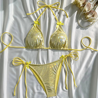 Traje de baño brillante de dos piezas para mujer Bikini sexy de color sólido con lazo y lentejuelas Spandex/conjunto de 2 piezas de nailon
