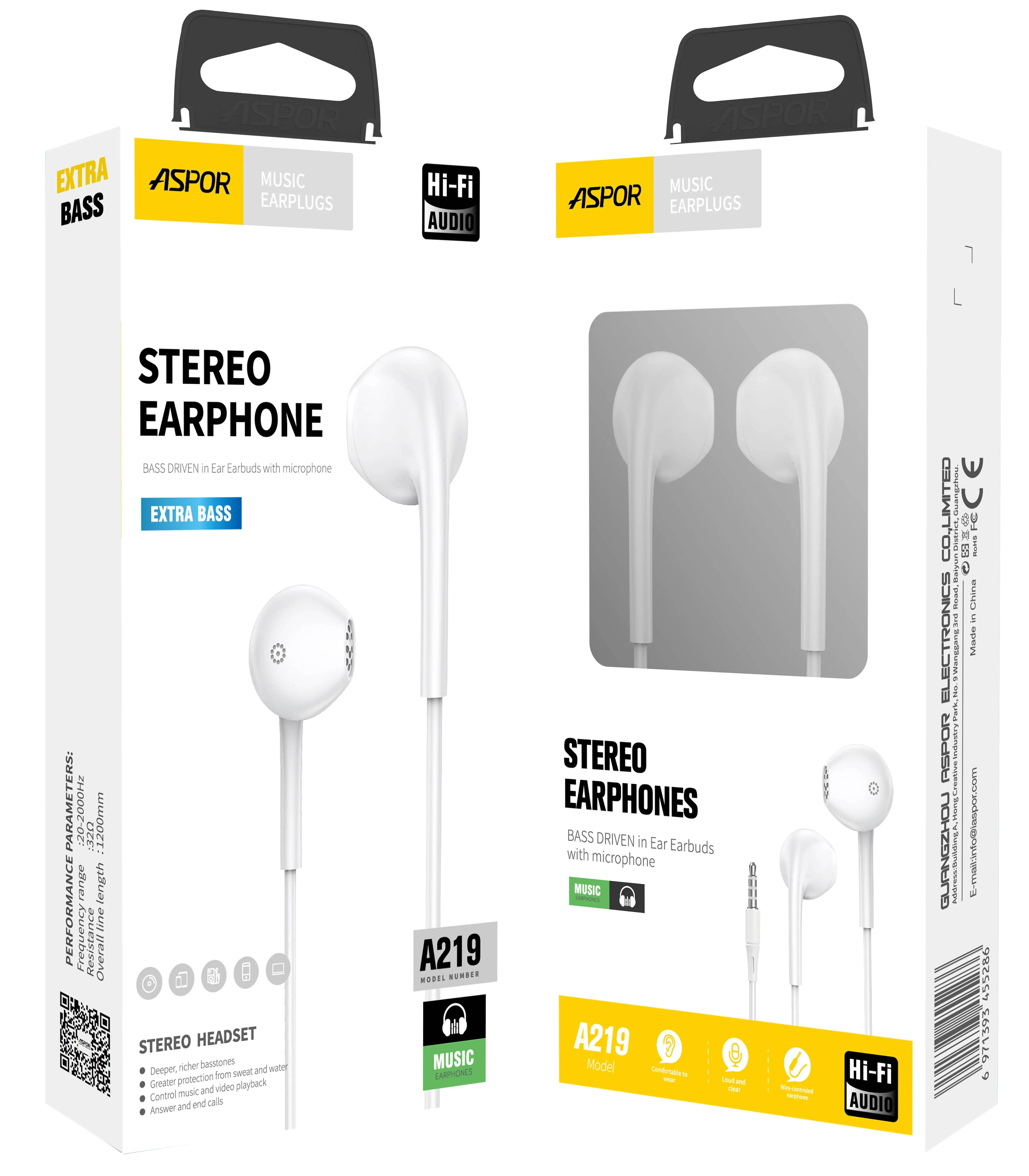 Aspor A219 Groothandel Goedkope 3.5Mm Bedrade Oortelefoon Hoofdtelefoon Met Doos In Oor Handsfree Oortelefoon Audifonos Iphone Oordopjes In-Ear 1M