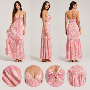 Robe longue romantique à imprimé feuilles tropicales, col <span class=keywords><strong>en</strong></span> V, bretelles spaghetti, taille évidée, jupe à volants, idéale pour la plage, le brunch, les hôtels de villégiature et les vacances - Product Image 3