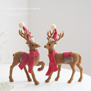 LINGKAI Flocked Christmas <b>Reindeer</b> Figurine With Red Scarf and Santa Hat Tabletop <b>Xmas</b> Deer Statue Home Holiday Desktop Ornament - Product Image 3