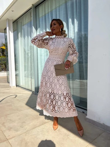 Señora elegante nuevo vestido de encaje cuello alto linterna manga larga Delgado Vestidos cintura temperamento moda Oficina viaje ocio hogar - Product Image 2