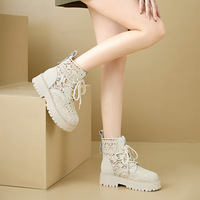 Bottes pour femmes OEM/ODM d'usine, à talon épais, bout rond, couleur unie, avec lacets, style mode, montantes à la cheville