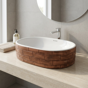 Designer Ceramic Sanitary Ware Bathroom Set WC Basin Pedestal <b>Table</b> Top Wash Basin and <b>Wall</b> Hung Wooden White Double Color - Product Image 4