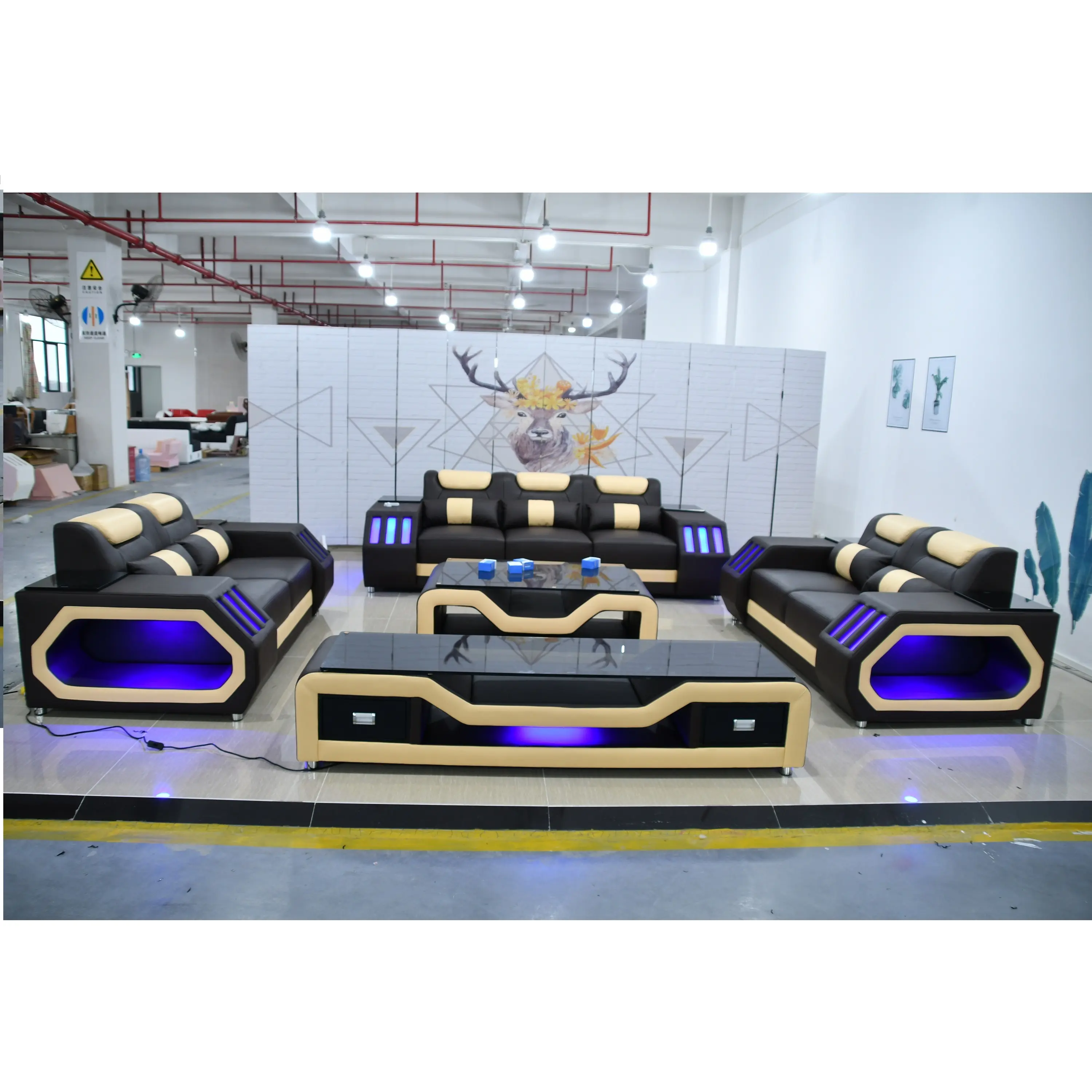 Set Sofa Gaya Modern 3 + 2 + 1 Ruang Tamu, Sofa Kulit Asli Atasan Hitam