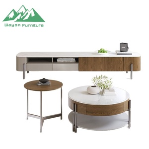 Ensemble de meuble TV Wayon <span class=keywords><strong>en</strong></span> pierre frittée moderne et luxueuse et table basse ronde <span class=keywords><strong>en</strong></span> placage de bois de noyer pour le salon - Product Image 5