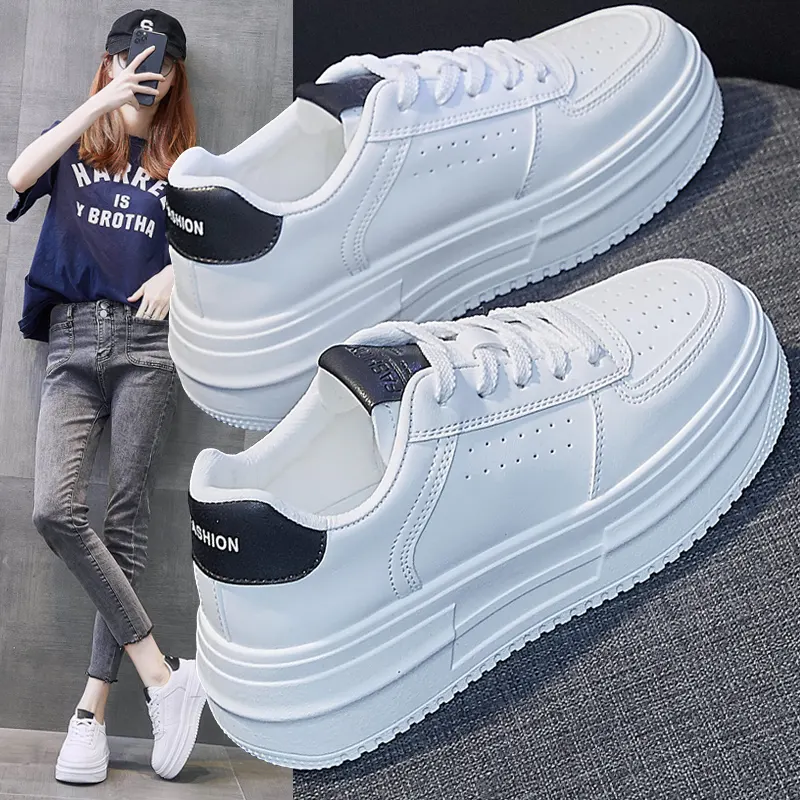 Genuine Leather Casual Shoes Woman Platform Sneakers Summer Trainers Round Toe Women Vulcanize Shoes White Sneakers Chunky Shoes