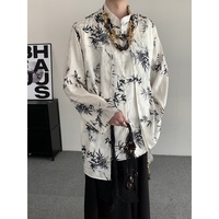 Chemise décontractée pour homme à manches longues, col montant, imprimé bambou, style chinois, respirante, coupe ample, haut vintage pour le quotidien