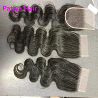 Closure en dentelle gris naturel noir, double trame, cheveux humains vierges péruviens ondulés, couleur sel et poivre, 100% originaux