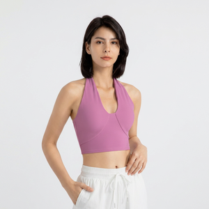 Women Ribbed Halter Crop Tank <b>Top</b> Deep V Neck Built In Padded Slim Yoga <b>Top</b> <b>Low</b> Impact Gym Workout Fitness Vest Wholesale - Product Image 2