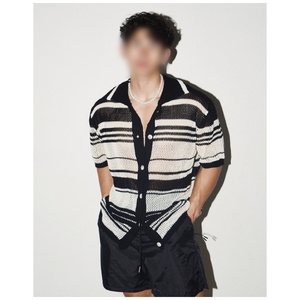 Cardigan décontracté à manches courtes en maille style américain pour homme, col polo, ajouré, rayé, style britannique, t-shirt professionnel - Product Image 4