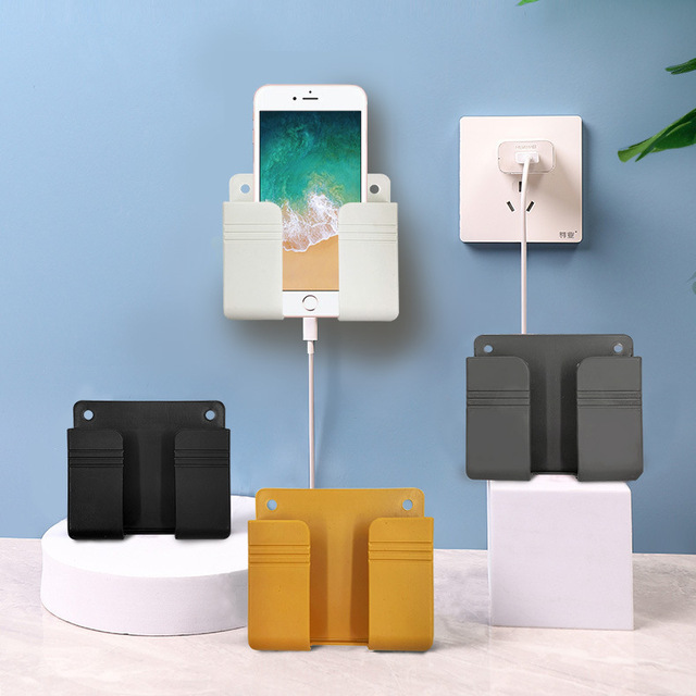 Modern Plastic Wall Mounted Phone Holder Storage Organizer with Multifunction Shelf Hook and Remote Control Plug