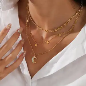 Hot selling fashion star and moon three layer plated gold necklace multi layers stainless steel necklace in 2024