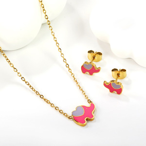 Cute <b>Elephant</b> Pendant Stainless Steel Necklace And Earrings Set For Women <b>Gift</b> Jewelry Pink Heart Animal Design Fashion - Product Image 1