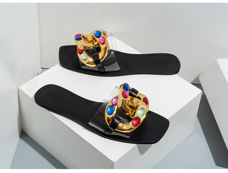 Candy Color Rhinestone Flat Women's flip-flops Fashion Metal Buckle Transparent Slipper Sandals