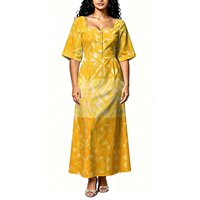 Robe longue décontractée pour femme, imprimé floral tribal polynésien hibiscus, col carré, manches volantées, boutons décoratifs, idéale pour les vacances
