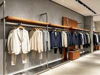 Présentoir mural en acier inoxydable brossé de luxe léger et bois, pour magasins de vêtements