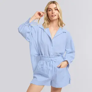 वसंत और गर्मियों Loungewear महिलाओं लंबी आस्तीन ढीला फिट हल्के नीले रंग पजामा दो टुकड़ा सेट